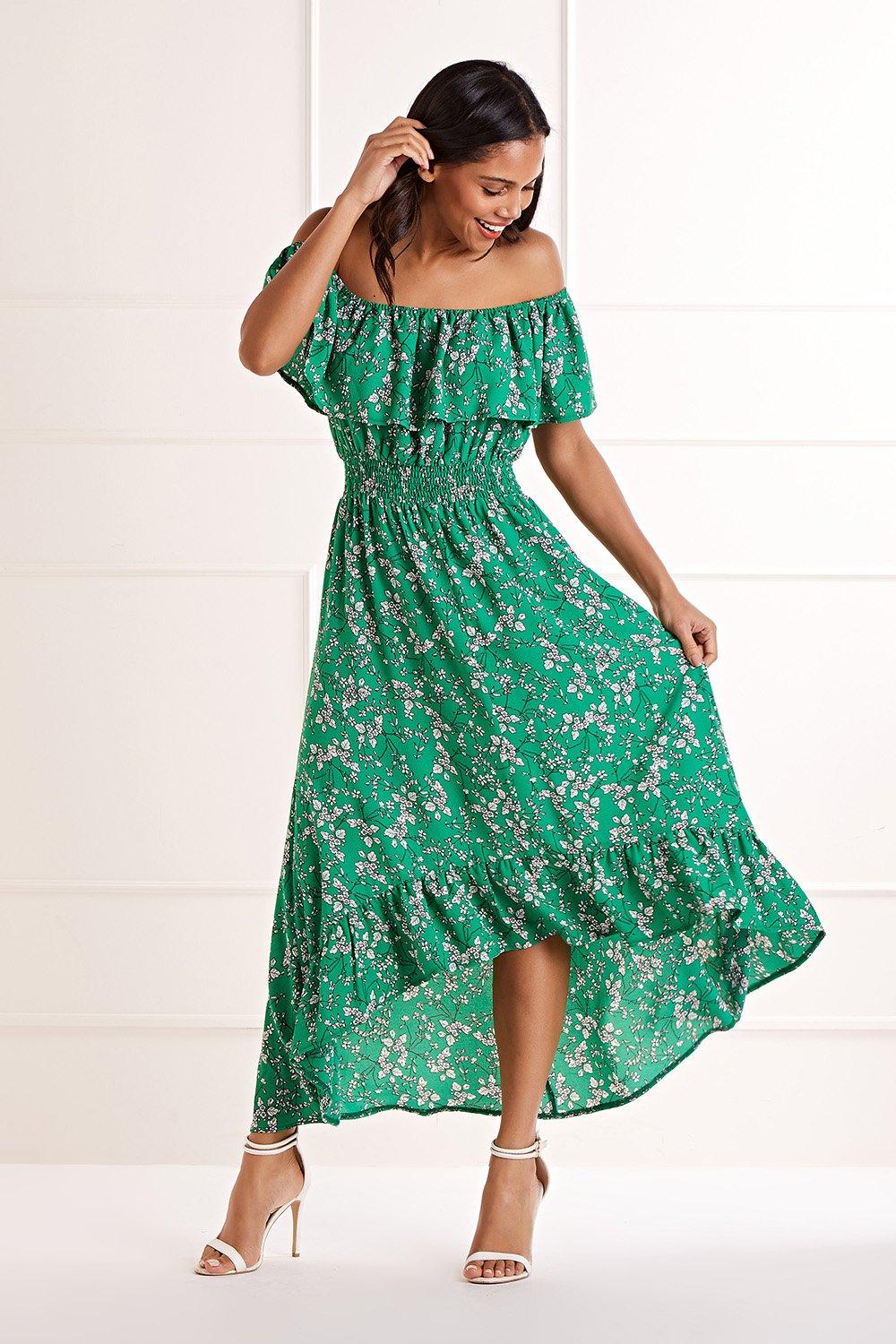 Green Ditsy Print Bardot Dipped Hem Dress