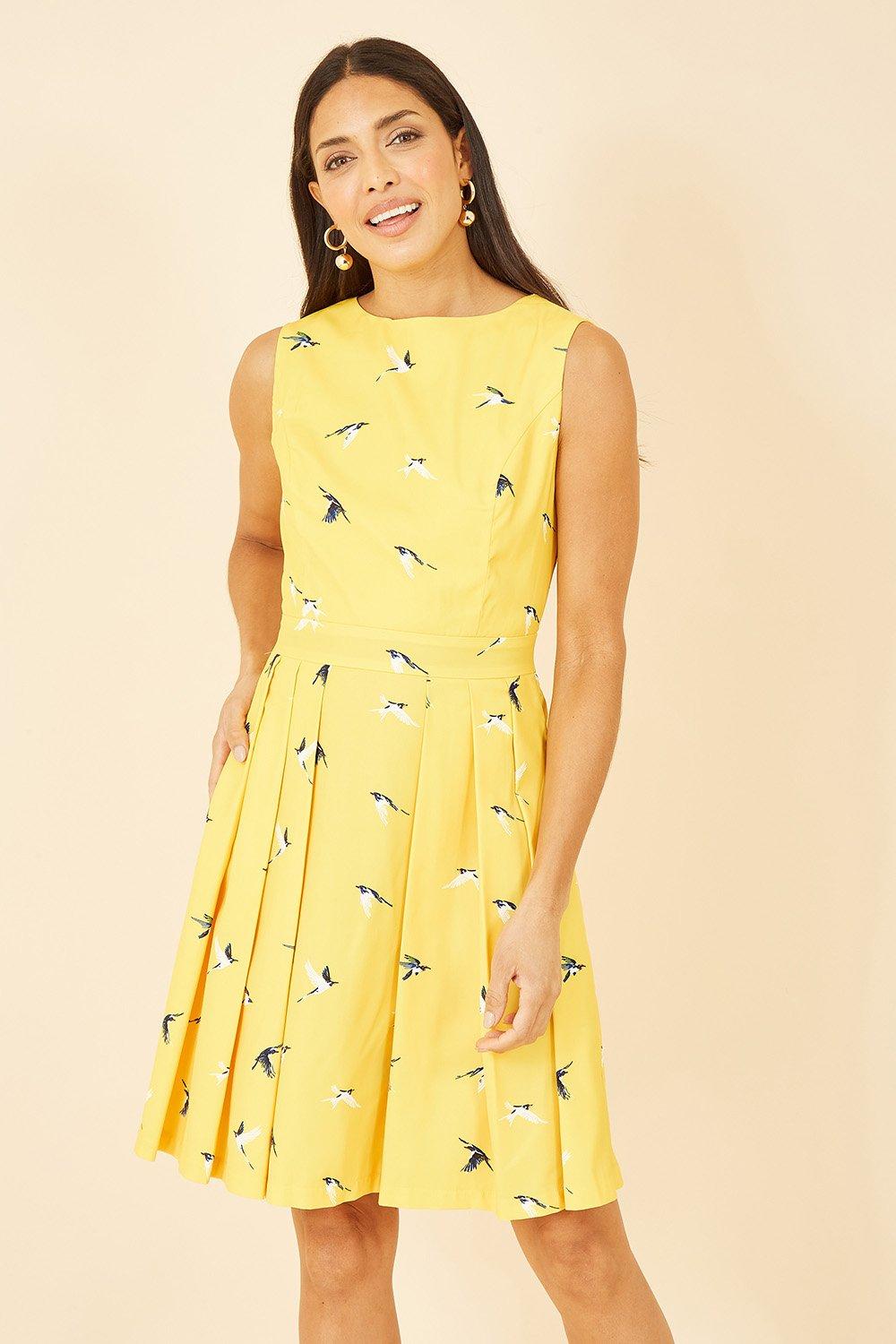 Yellow Swallow Print Skater Dress