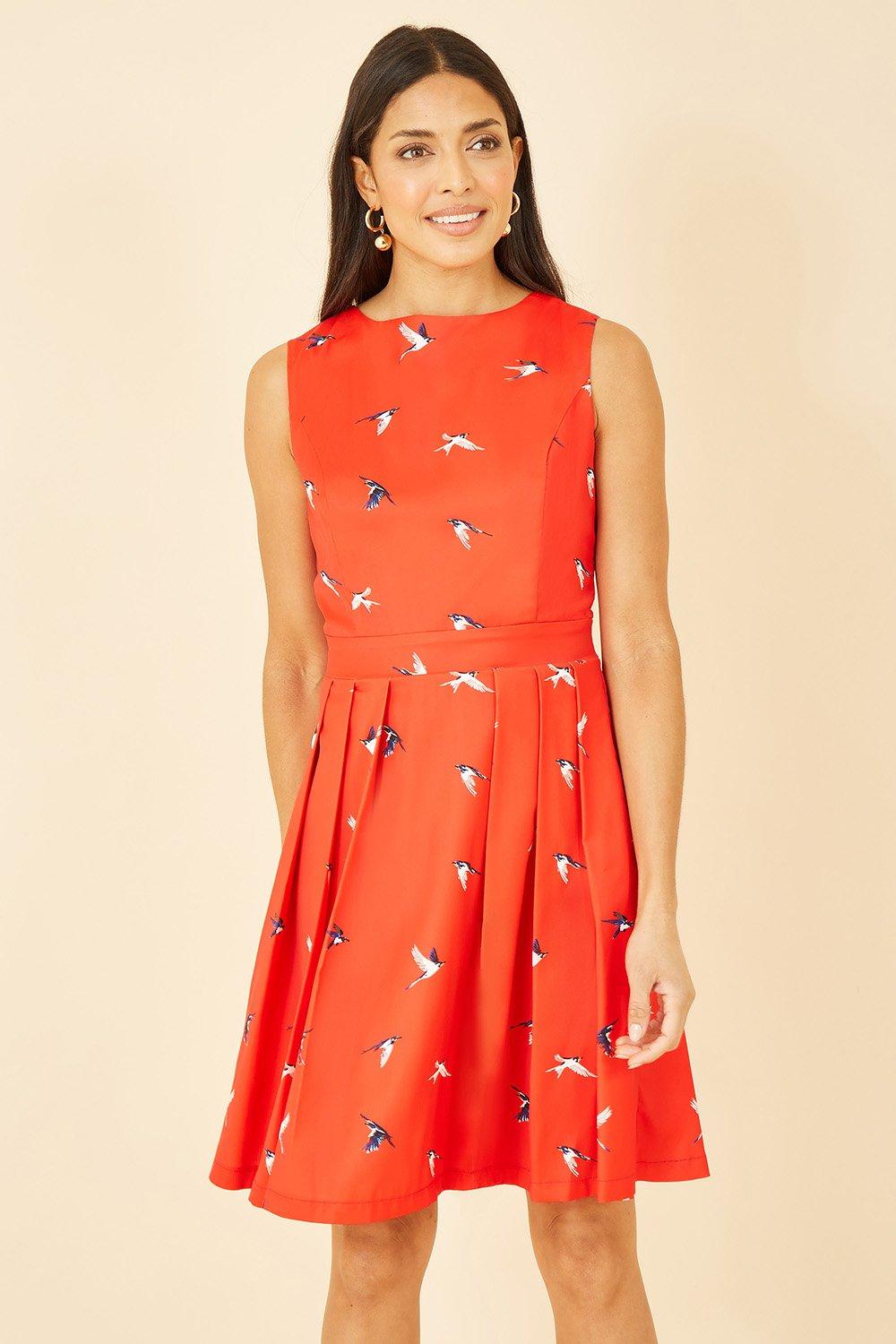 Red Swallow Print Skater Dress