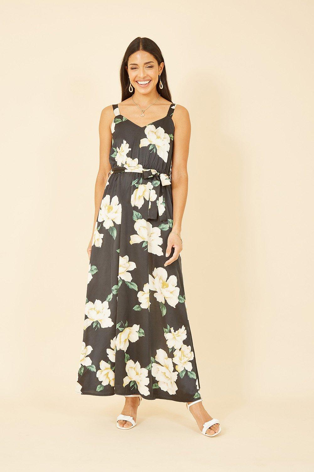 Black Satin Floral Print Maxi Dress