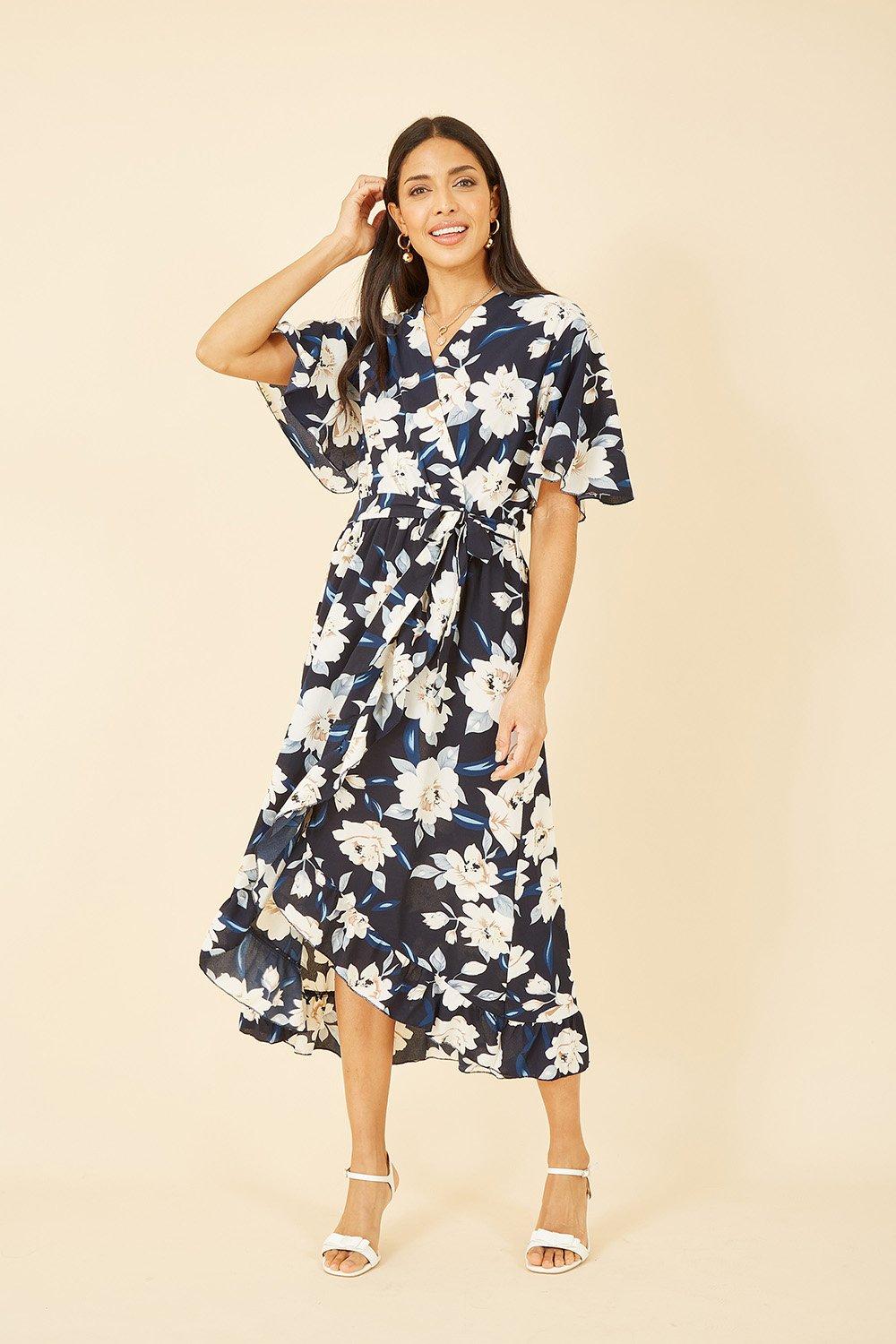 Navy Floral Print Midi Wrap Dress