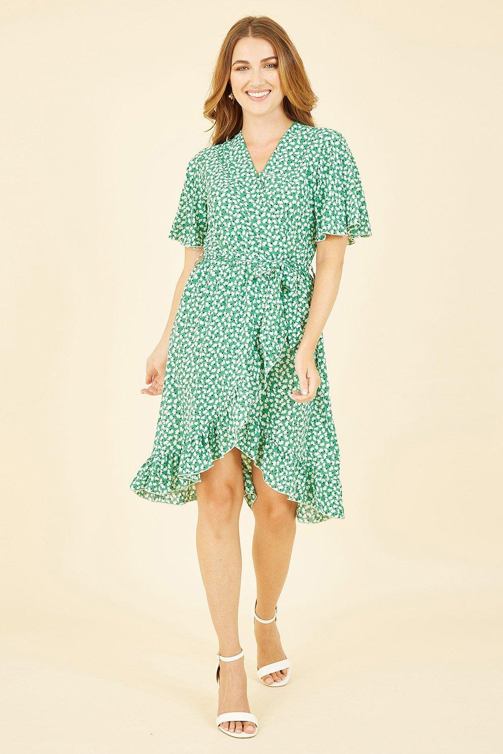 Green Ditsy Floral Frill Wrap Dress