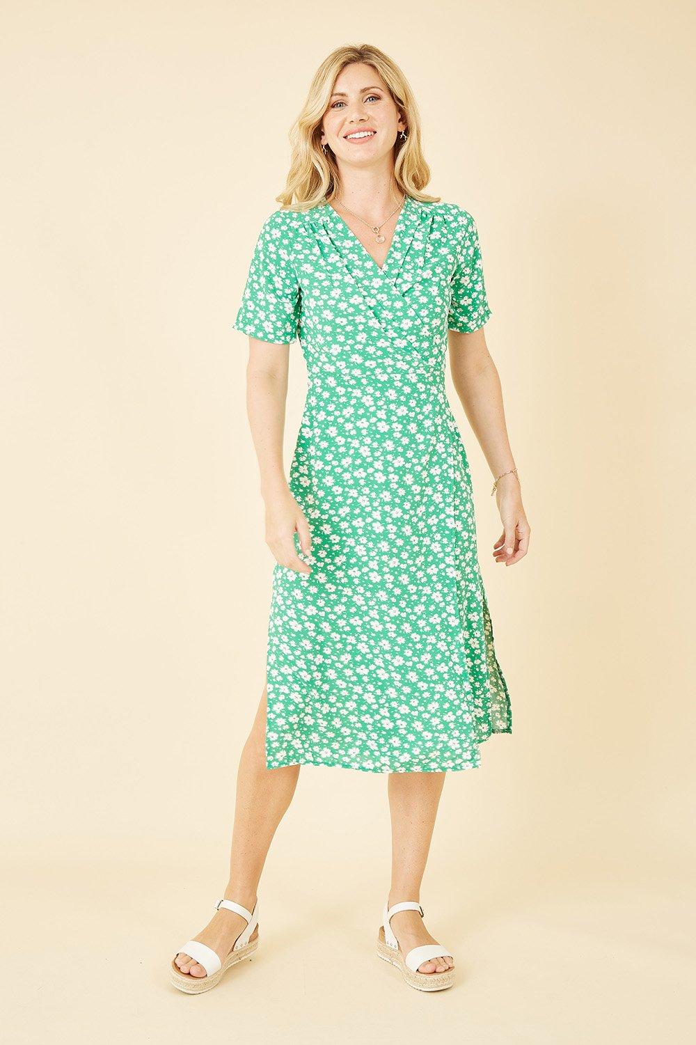 Green Ditsy Print Wrap Over Dress