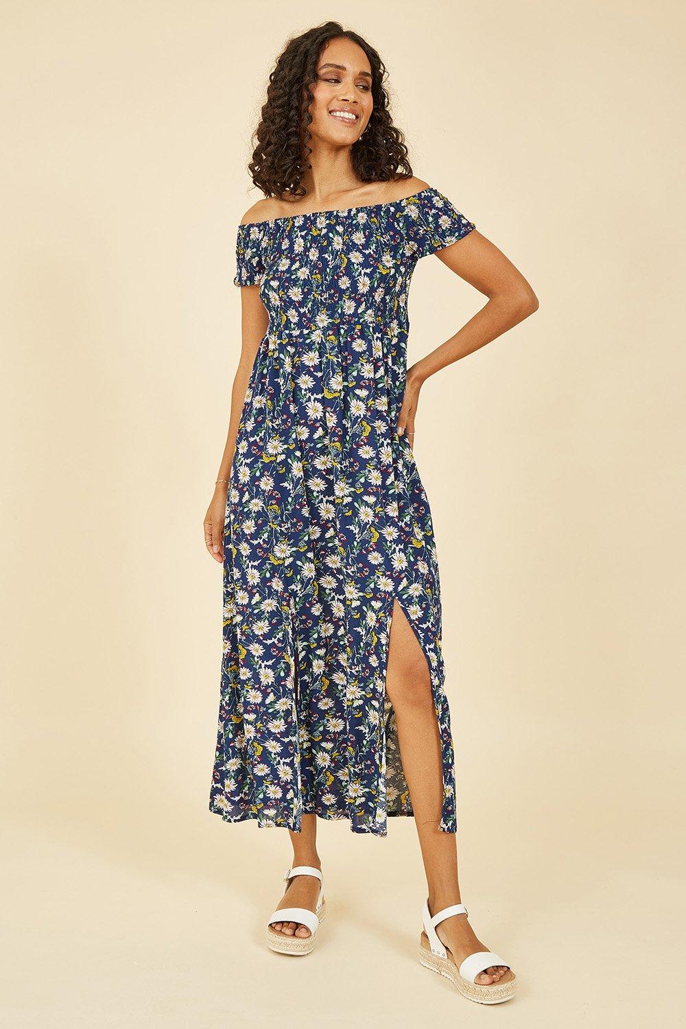 Navy Floral Print Bardot Midi Dress With Split Hem