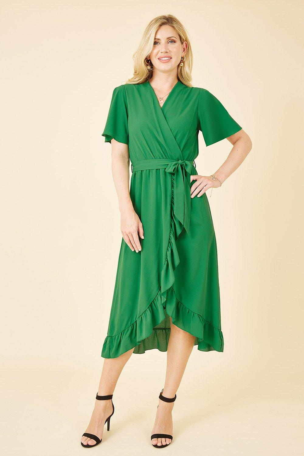 Green Wrap Over Frill Hem Dress