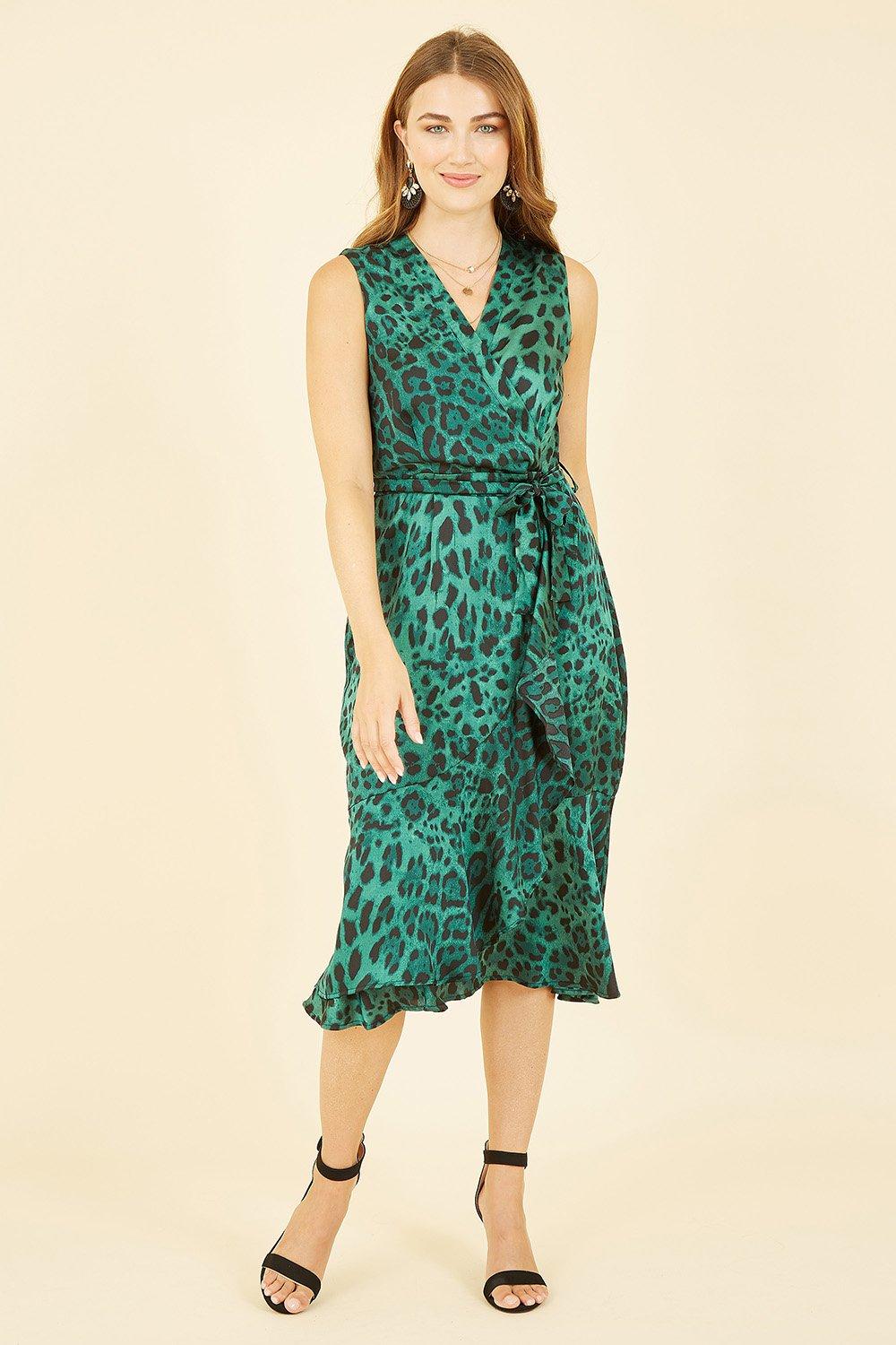 Green Animal Print Satin Wrap Midi Dress