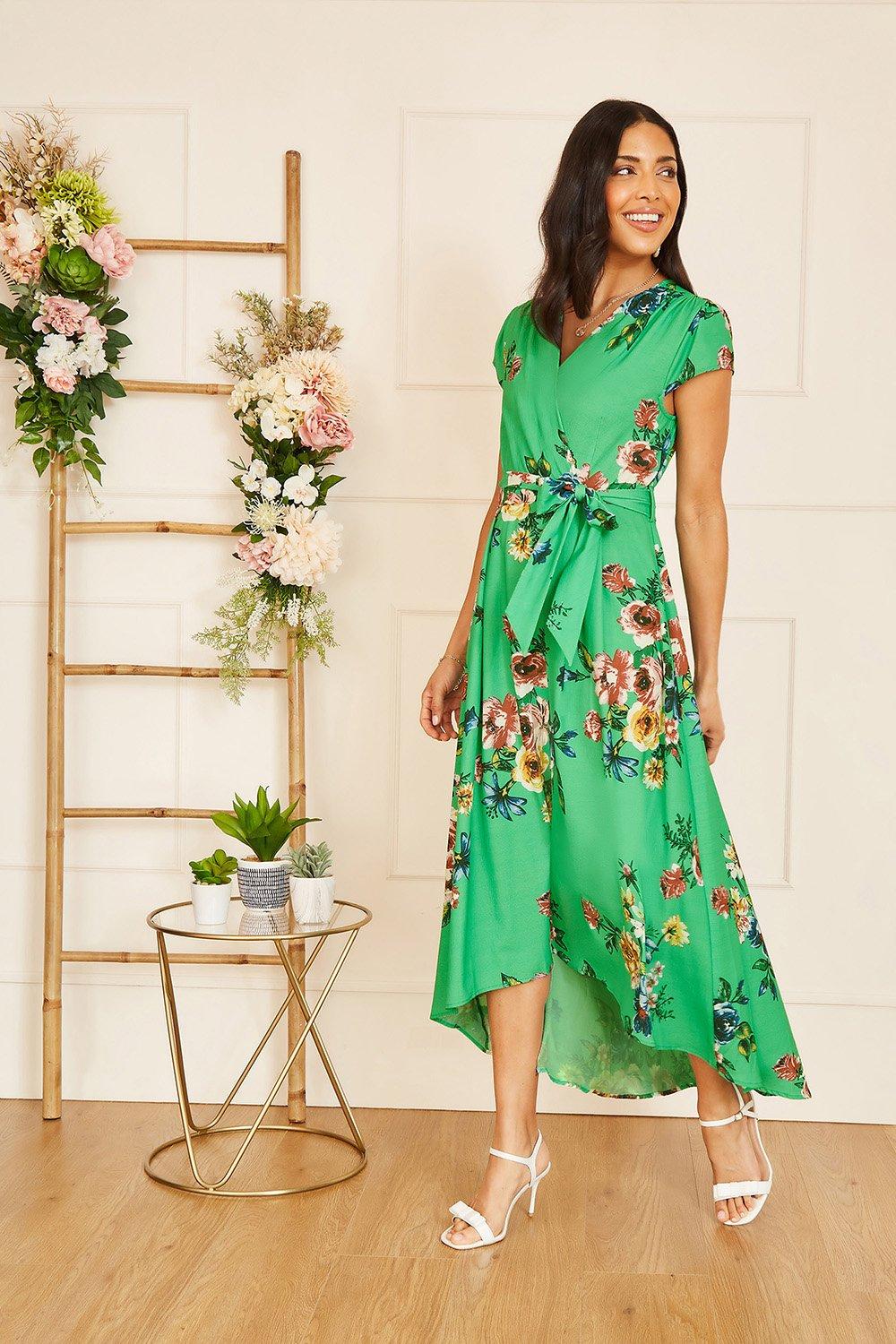 Green Bright Floral Dip Hem Wrap Midi Dress