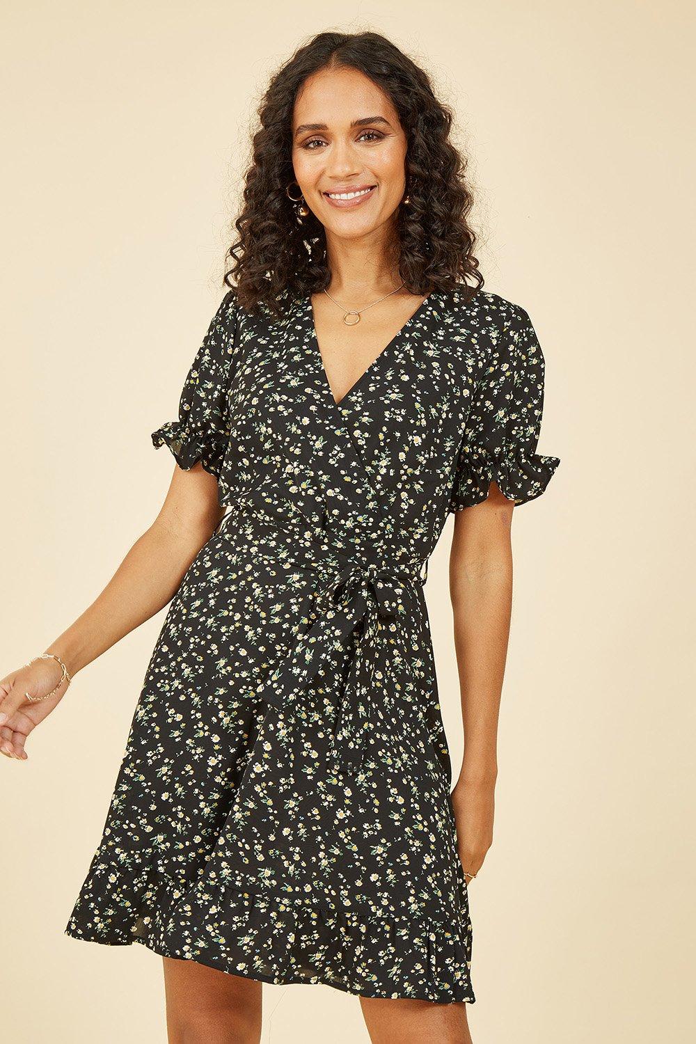 Black Ditsy Print Wrap Dress With Frill Details