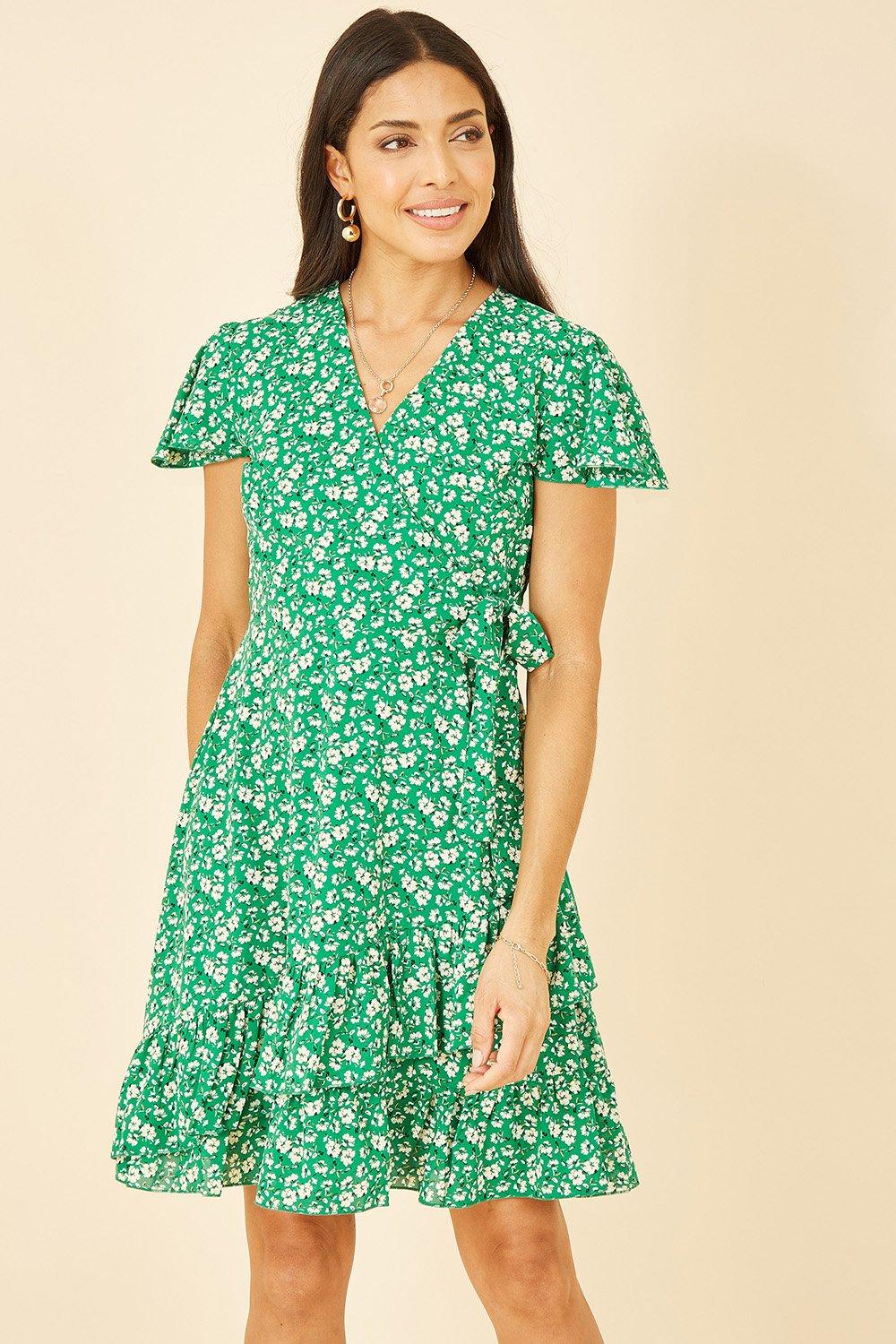 Green Ditsy Floral Wrap Frill Dress