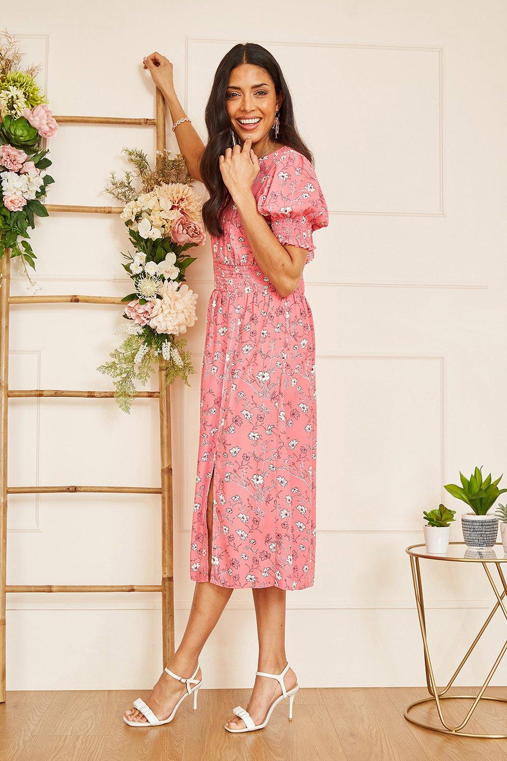 Pink Floral Print Ruched Waist Midi Dress
