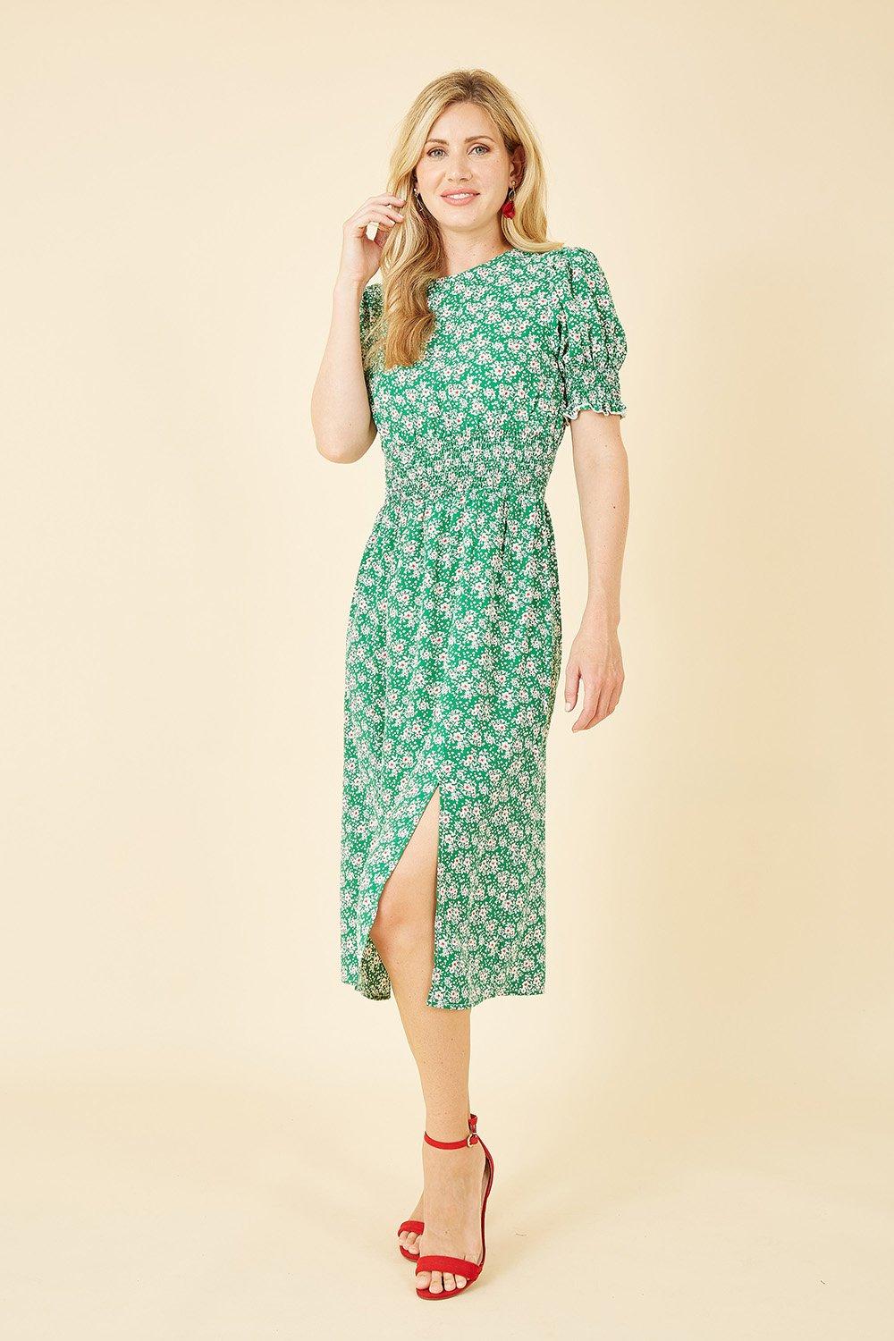 Green Floral Print Shirred Waist Midi Dress