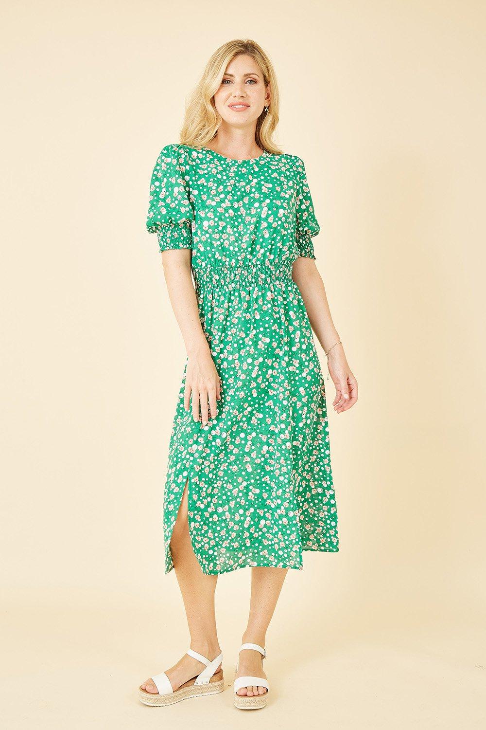 Green Floral Print Ruched Waist Midi Dress