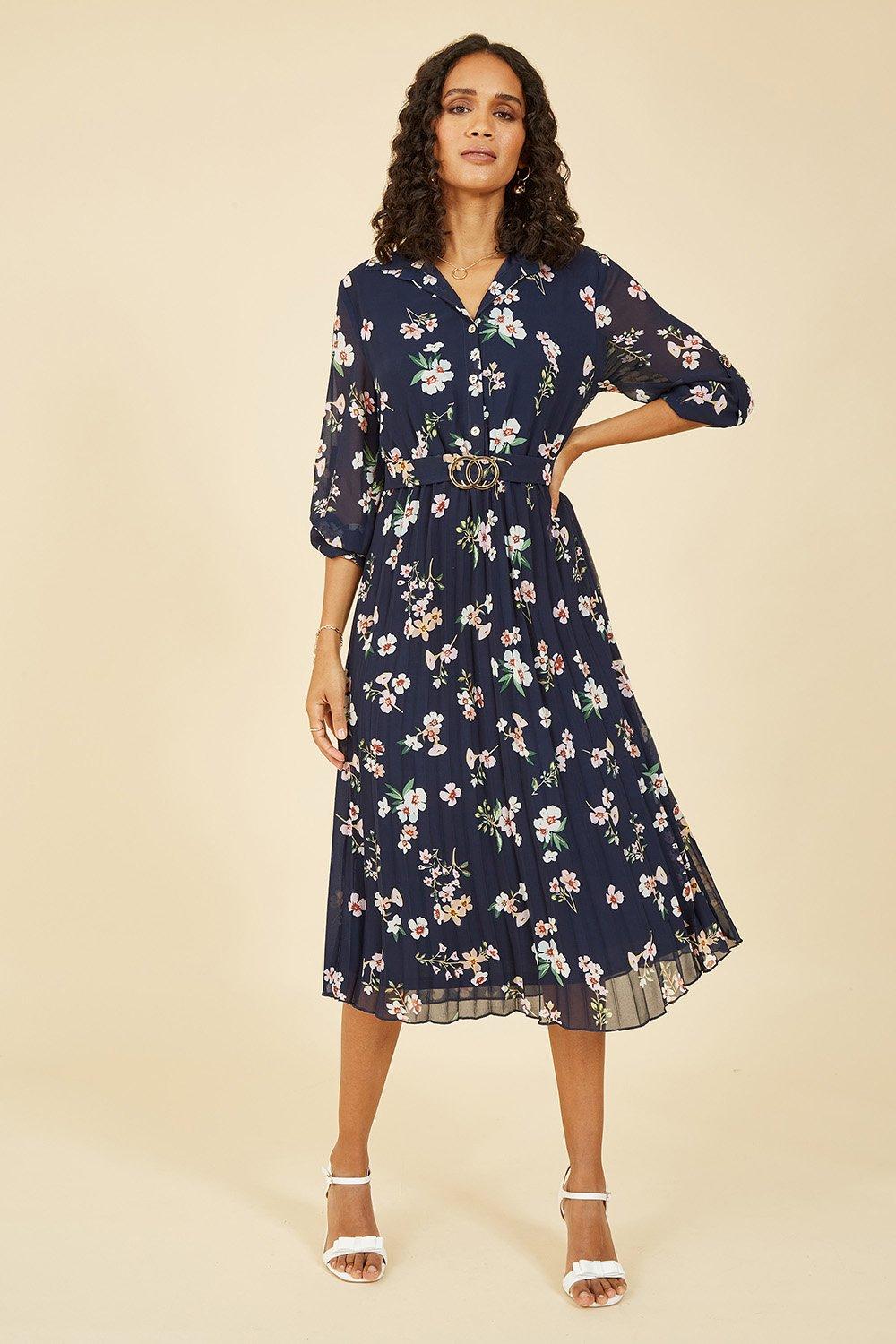 Navy Floral Print Midi Dress With Gold Buckle Belt Detail