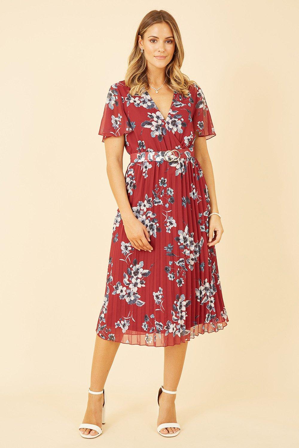 Red Floral Print Pleated Dress With Gold Buckle