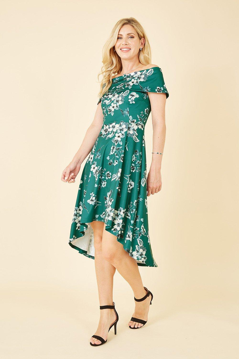 Green Floral Bardot Dipped Hem Dress