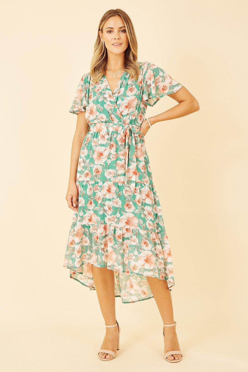 Green Floral Wrap Dress With Tiered Dipped Hem