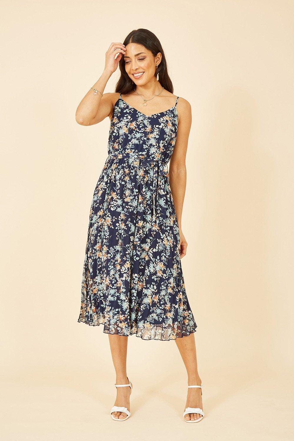 Navy Floral Strappy Pleated Midi Dress