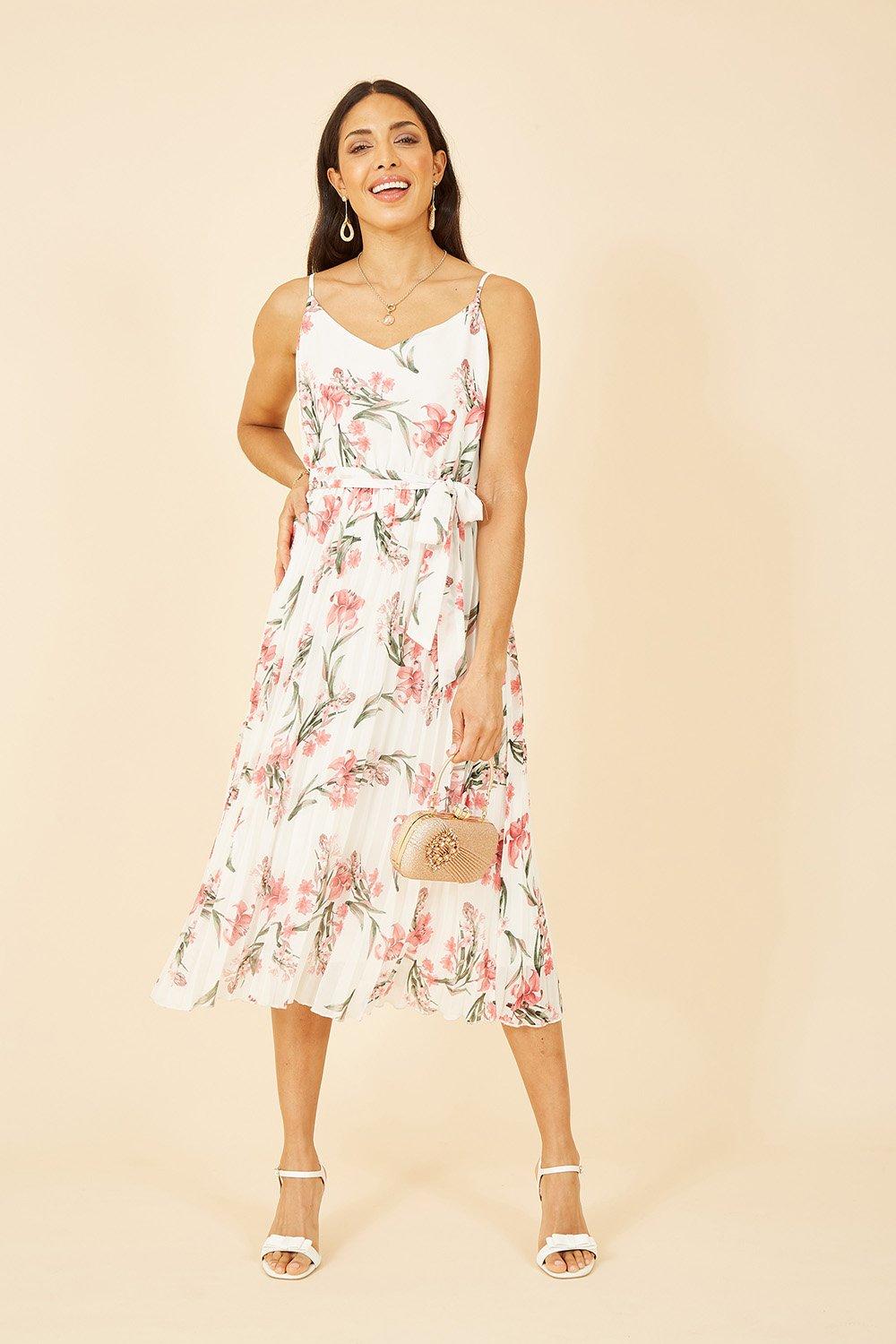 Ivory Floral Strappy Pleated Midi Dress