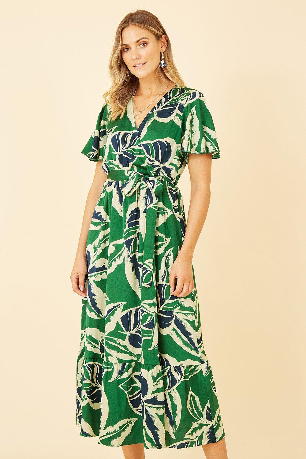 Green Tropical Leaf Print Wrap Midi Dress