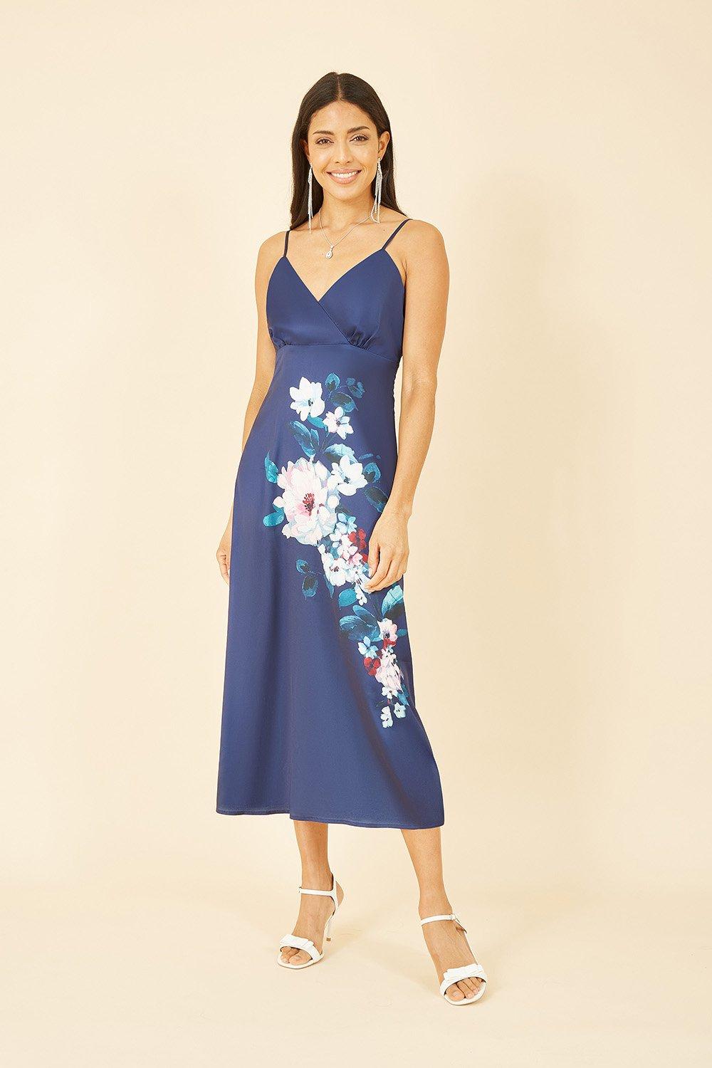 Navy Satin Slip Dress With Floral Design