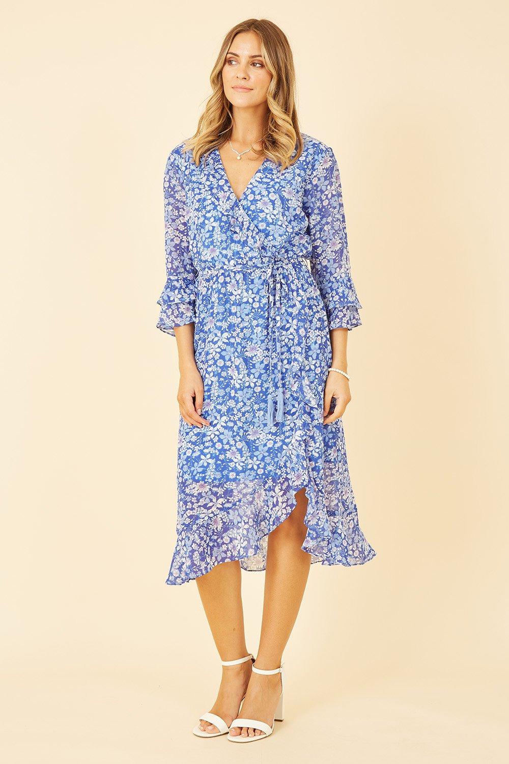 Blue Recycled Floral 3/4 Sleeve Frill Wrap Dress