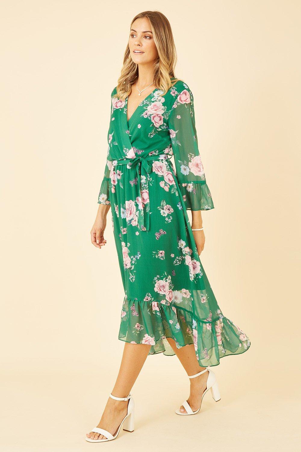 Green Floral Wrap Dress With Dipped Hem