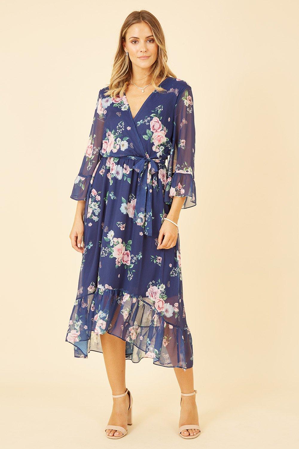 Navy Floral Wrap Dress With Dipped Hem
