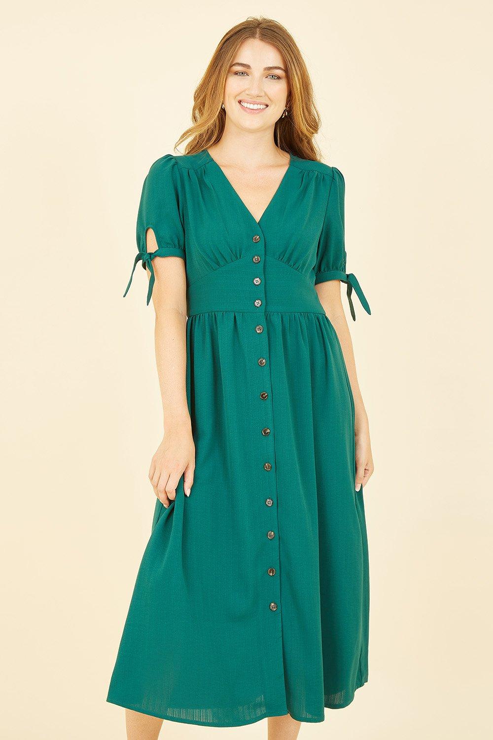Green Midi Shirt Dress With Tie Sleeves
