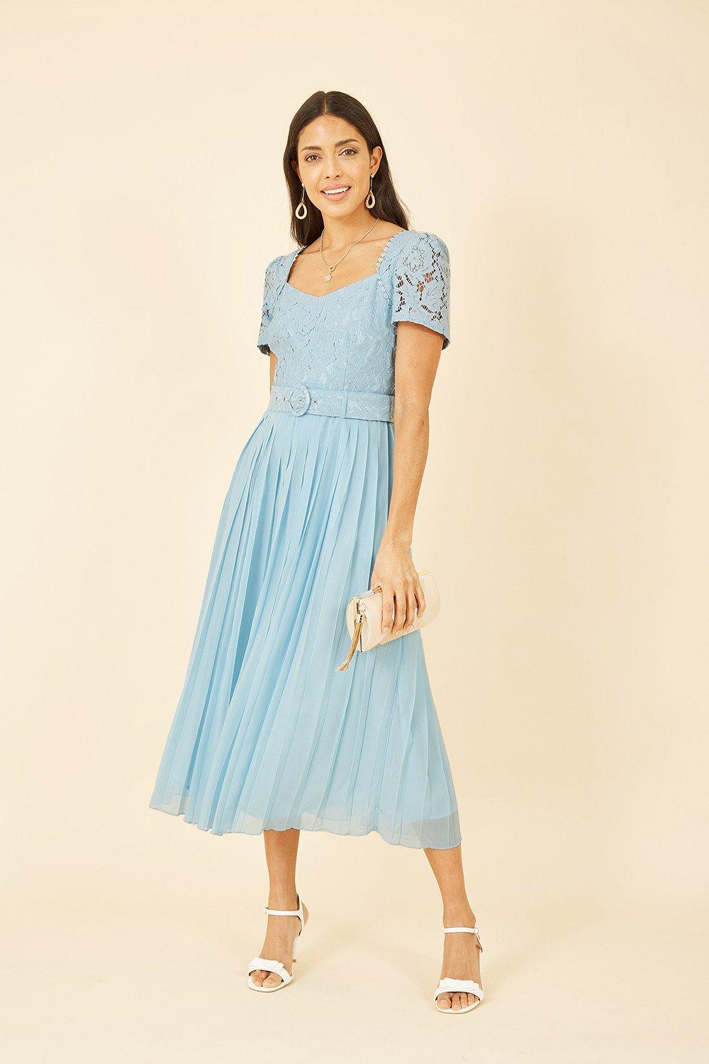 Blue Lace Dress With Pleated Skirt and Belt