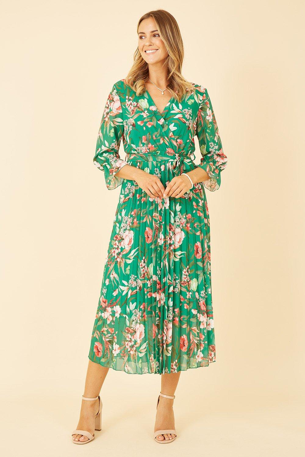 Green Floral Print Midi Wrap Dress With Pleated Skirt