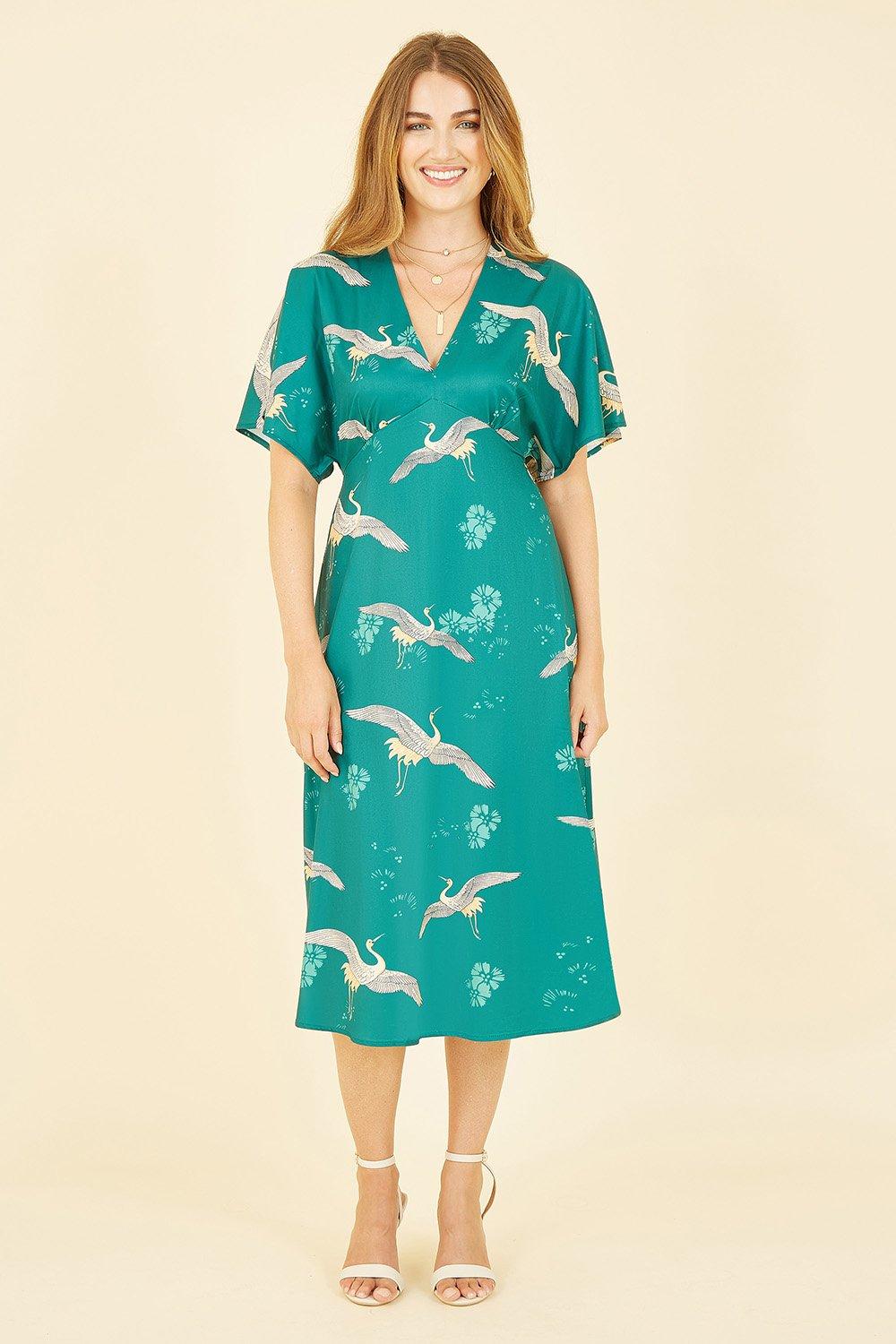 Green Crane Print Kimono Midi Dress