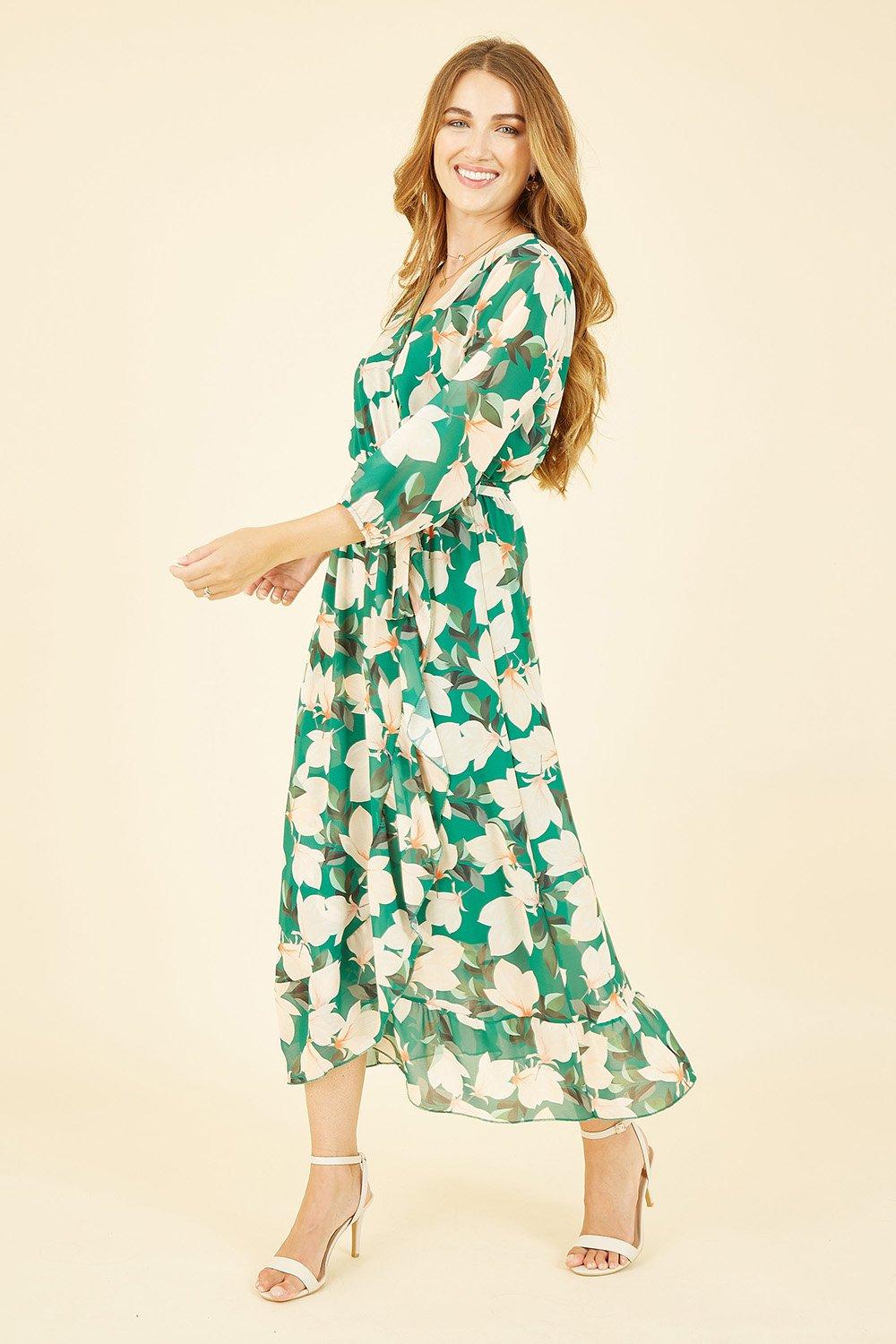 Green Blossom Wrap Midi Dress With 3/4 Sleeves