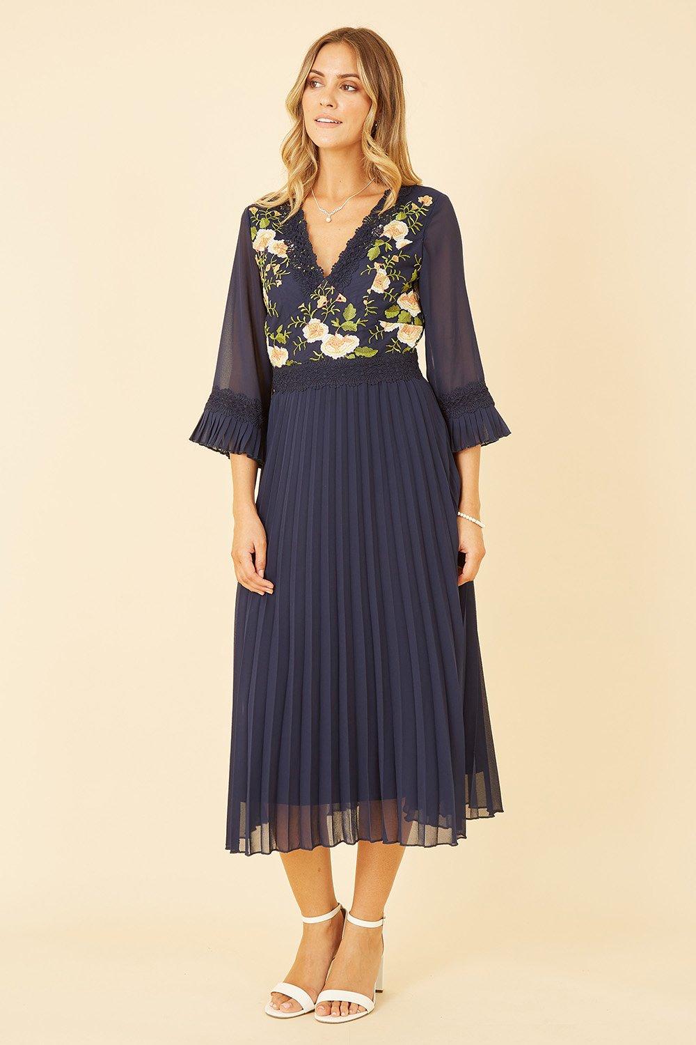 Navy Embroidered Floral Pleated Midi Dress