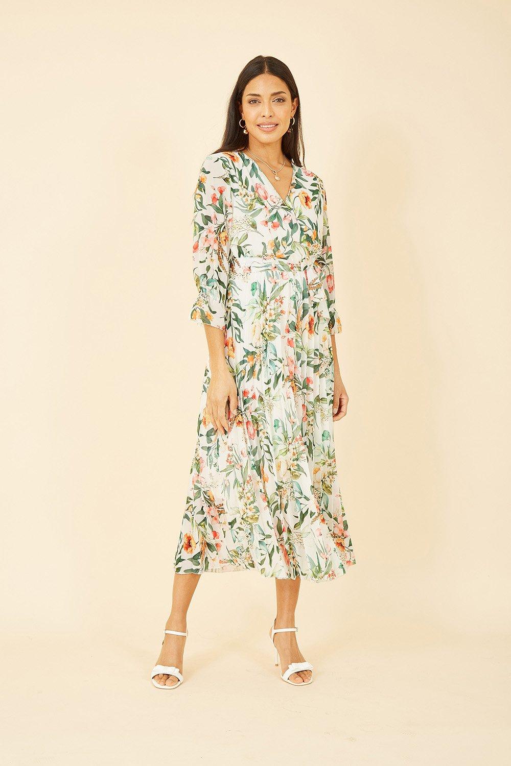 Ivory Floral Print Midi Wrap Dress With Pleated Skirt