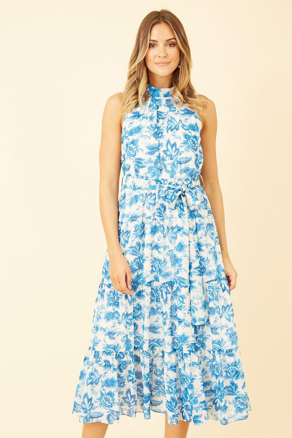 Blue Leaf Print Halter Neck Midi Dress