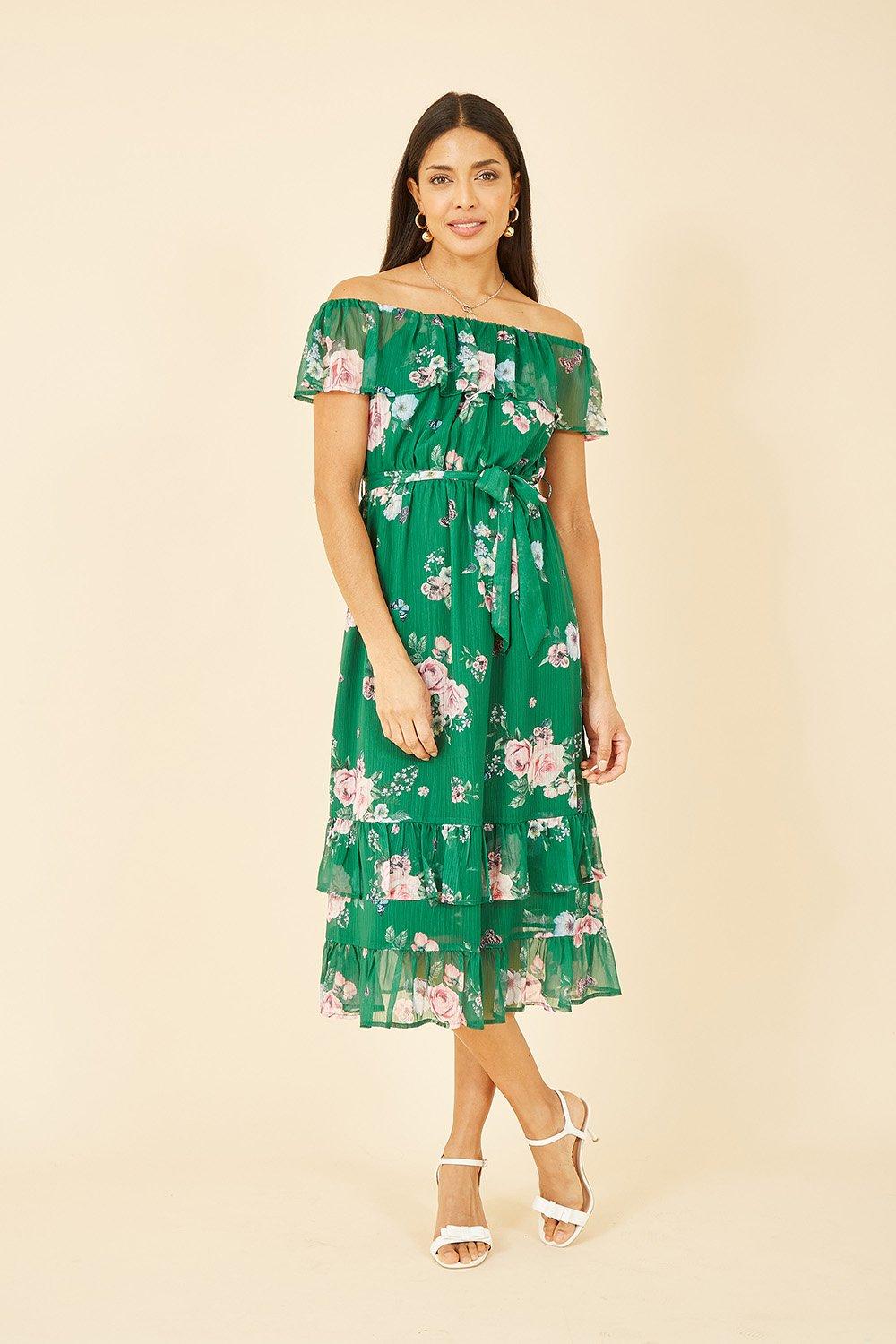 Green Floral Bardot Midi Dress With Frill Hem