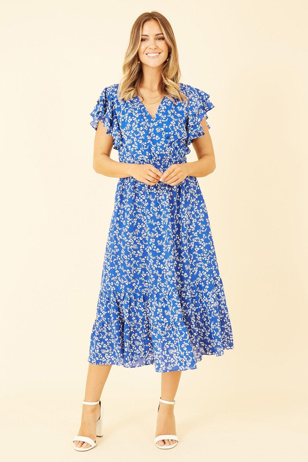 Blue Ditsy Print Midi Dress With Frill Sleeve