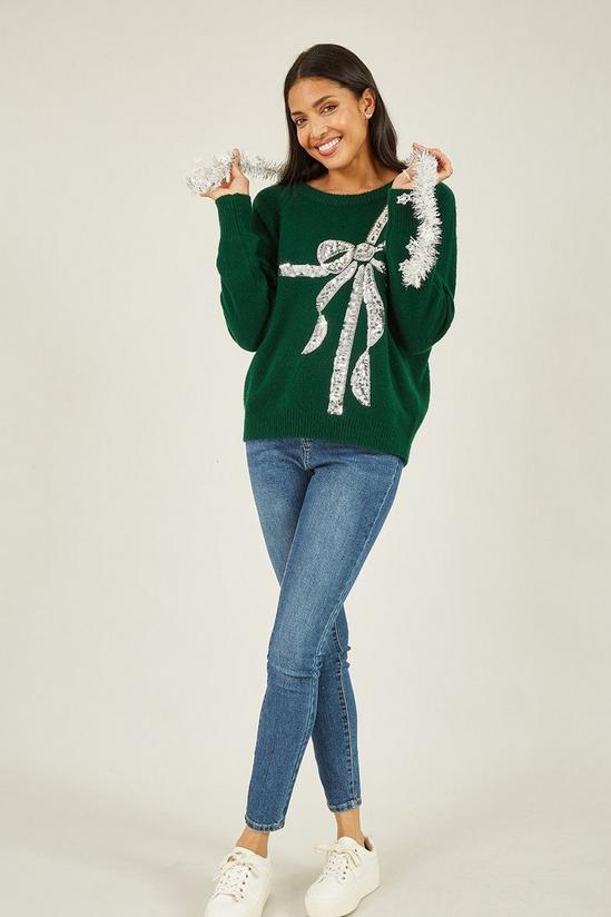 Yumi Green Sequin Bow Knitted Jumper 2