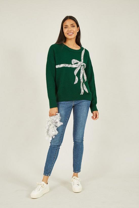 Yumi Green Sequin Bow Knitted Jumper 3