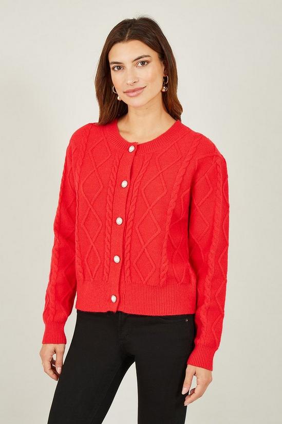 Yumi Red Cable Knit Cardigan With Pearl Buttons 1