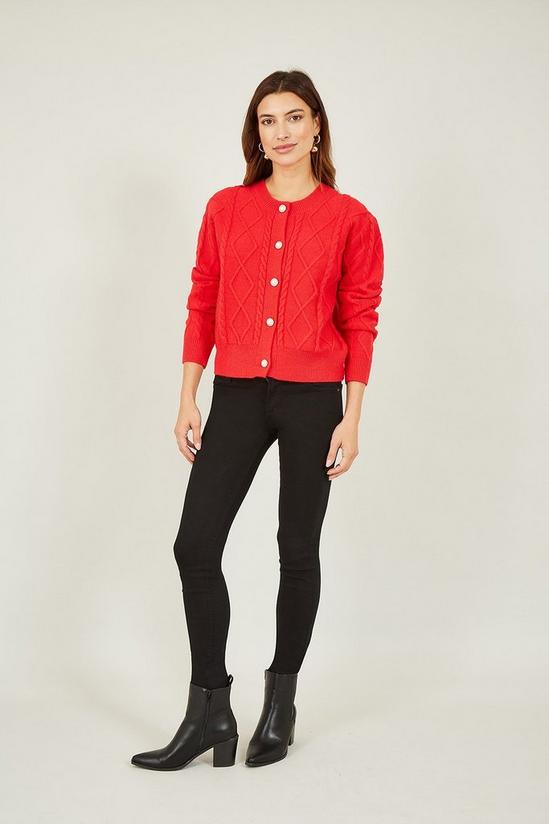Yumi Red Cable Knit Cardigan With Pearl Buttons 2