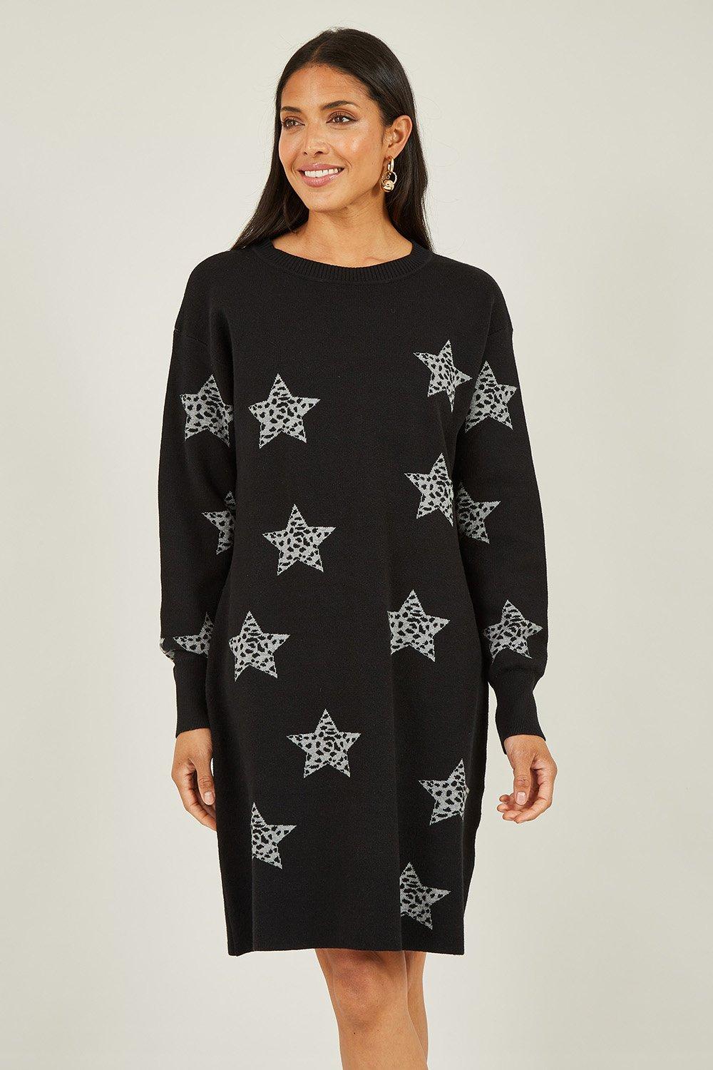 Black Star Print Relaxed Fit Tunic Dress