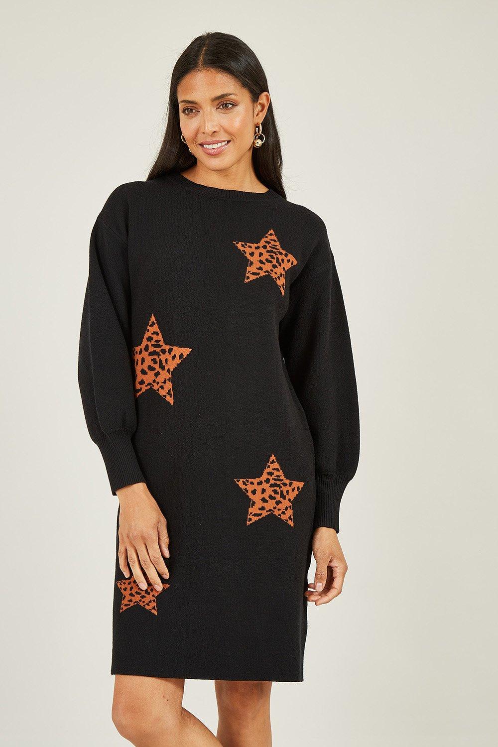 Black Intarsia Star Print Relaxed Fit Tunic Dress