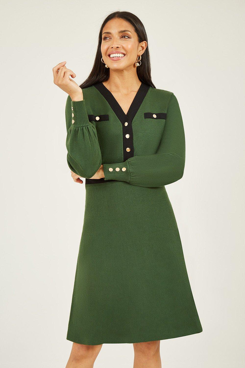 Green Knitted Shirt Dress With Contrast Detail