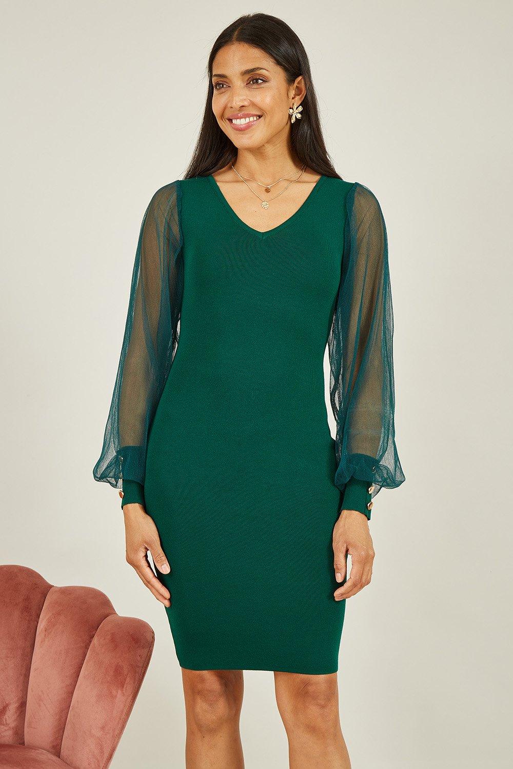 Green Knitted Body Con Dress With Chiffon Sleeve