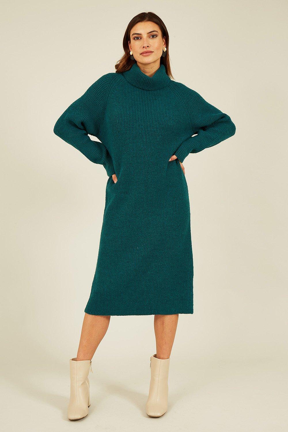 Green Roll Neck Knitted Midi Jumper Dress