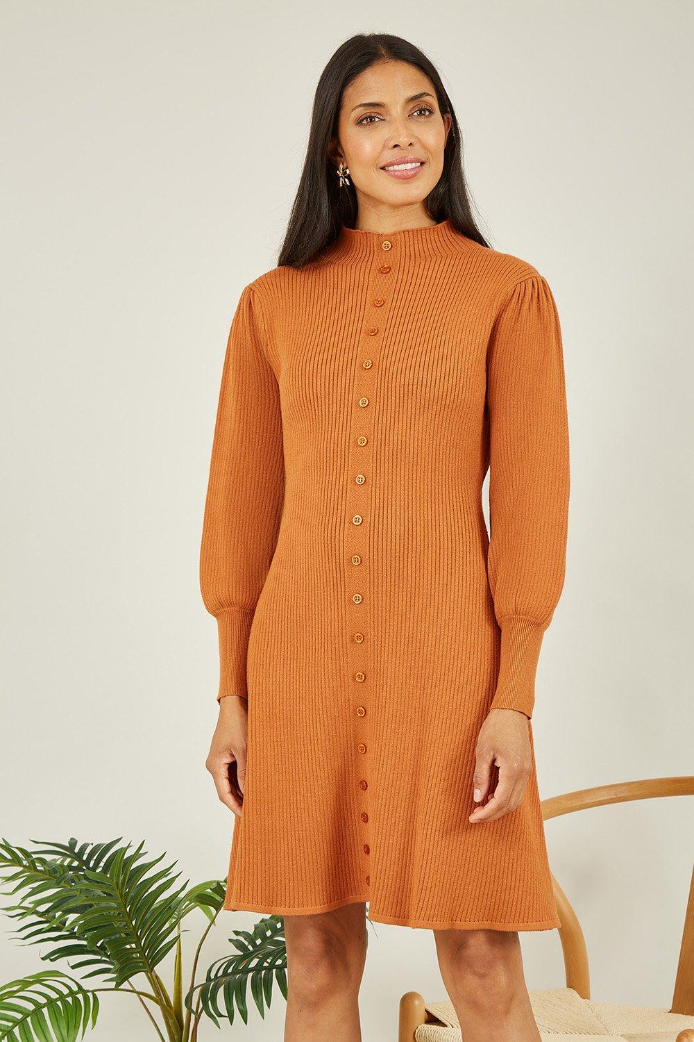 Mustard Knitted Button Up Midi Dress With Balloon Sleeves