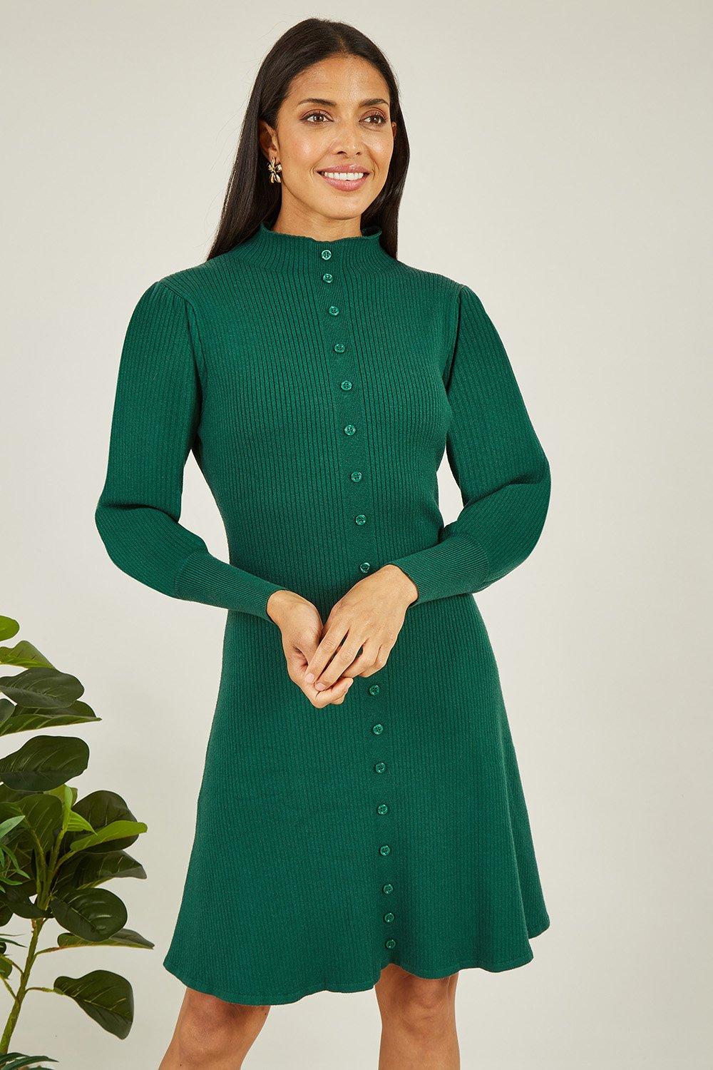 Green Knitted Button Up Midi Dress With Balloon Sleeves