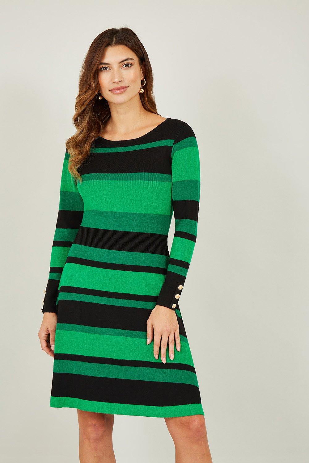 Green Striped Knitted Skater Dress
