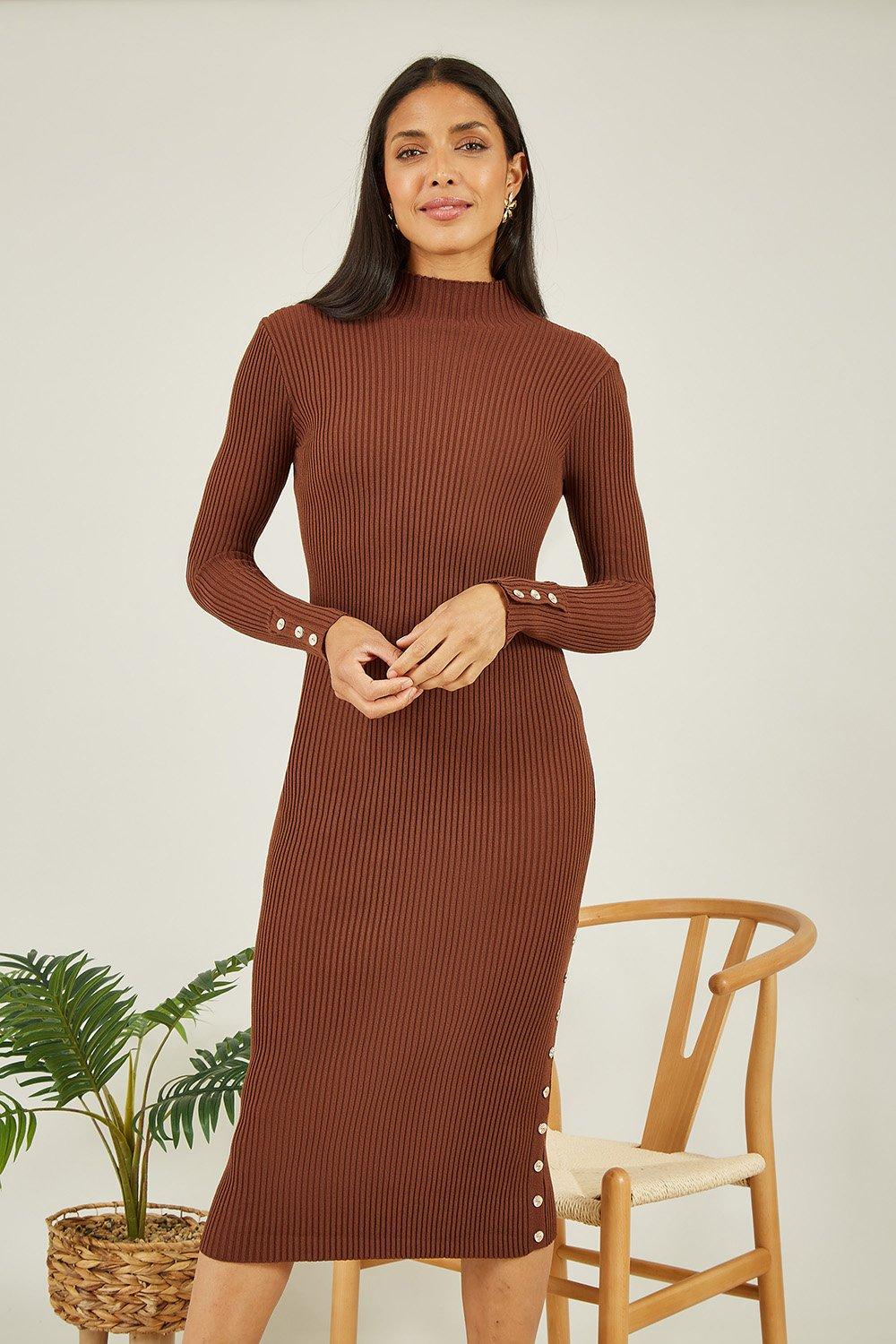 Brown Knitted Fitted Midi Dress